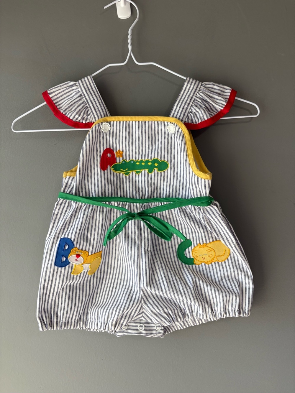 Vintage Sears ABC Animal Appliqué Bubble Romper Baby 3-6M Striped